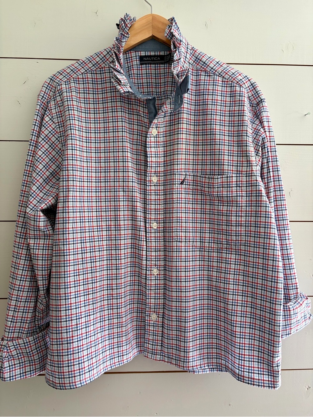 Viral Reworked Upcycled NAUTICA Red & Navy Plaid Shirt Ruffle Collar, Large Tall